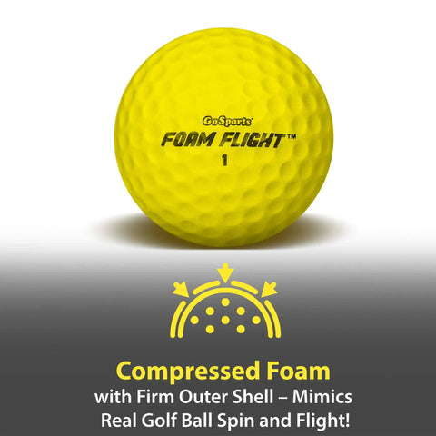 Yellow Foam Flight Practice Golf Ball front view, showcasing firm outer shell. Part of 24 Pack for Safe Backyard Practice.