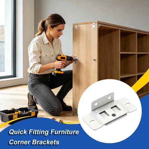 Woman assembling shelf with Sturdy L Shaped Corner Brace With Screws For Cabinets And Shelves Heavy Duty Concealed Fastening Bracket