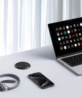 Level Up Your Desk Setup With This Recessed Power Grommet Featuring 65W Usb C Fast Charge Two Ac Outlets And Four Usb Ports For A Clean Flush Surface That Kills Messy Wires Fast on a modern desk with laptop, phone, and headset.