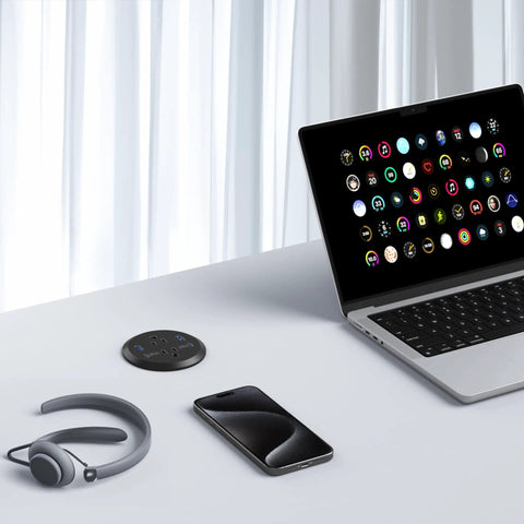 Level Up Your Desk Setup With This Recessed Power Grommet Featuring 65W Usb C Fast Charge Two Ac Outlets And Four Usb Ports For A Clean Flush Surface That Kills Messy Wires Fast on a modern desk with laptop, phone, and headset.