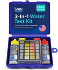 Hassle Free Swimming Pool And Spa Water Test Kit For Chlorine Bromine And Ph with colorful test drops in a blue case.