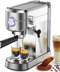 Heavy Duty 20 Bar Espresso Machine Boasts Pro Steam Frother And Brushed Stainless Body Includes 40 Oz Quick Fill Tank brewing espresso and cappuccino.