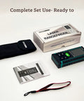 Hella Sharp Green Laser Distance Meter Hardcore Long Range Measuring Tool For Outdoor And Indoor Jobs Featuring Area Volume Calculations And Dead On Millimeter Accuracy with carrying case and manual.