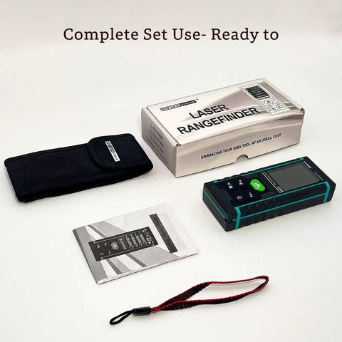 Hella Sharp Green Laser Distance Meter Hardcore Long Range Measuring Tool For Outdoor And Indoor Jobs Featuring Area Volume Calculations And Dead On Millimeter Accuracy with carrying case and manual.
