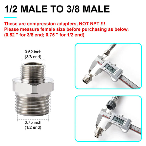 Brass RV Faucet Reducer Adapter One Half To Three Eighths Compression Fitting with caliper measurement showing size and threading