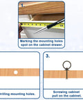 Installation steps for Six Pack Antique Bronze Ring Pull Handles for dresser drawers, marking, drilling, and screwing shown.