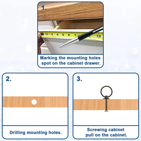Installation steps for Six Pack Antique Bronze Ring Pull Handles for dresser drawers, marking, drilling, and screwing shown.