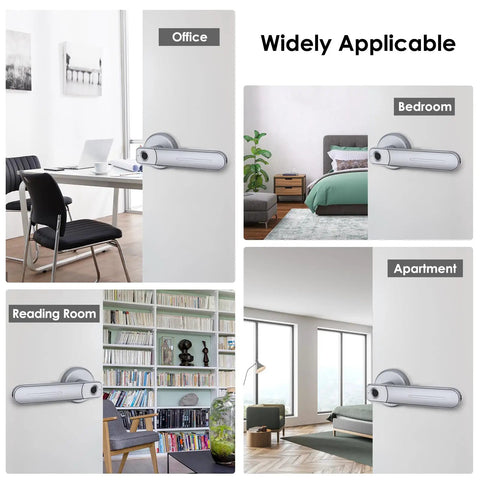 Biometric Fingerprint Door Lock With Quick 0.3 Second Unlock Silver Finish Dual Unlock Methods shown in office, bedroom, reading room, apartment