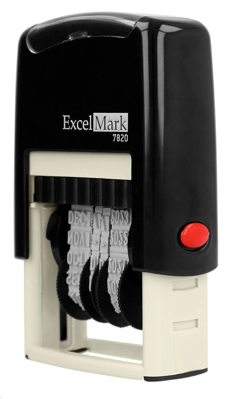 Built Tough Self Inking Date Stamp For Shipping And Expiration Tags Black Ink With Spin Bands showing black plastic body and date dials.