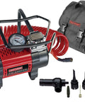 12V Portable Tire Inflator For Cars And SUVs With 8-Foot DC Cord, red 15-foot coil high pressure hose, 7 inflation accessories, black carrying case