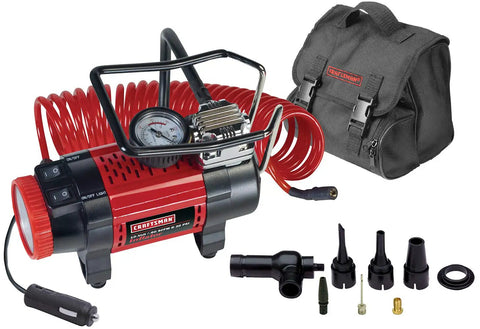12V Portable Tire Inflator For Cars And SUVs With 8-Foot DC Cord, red 15-foot coil high pressure hose, 7 inflation accessories, black carrying case