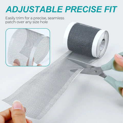Cuttable Window Screen Repair Tape For Holes And Tears, Weather Resistant Mesh Patch being cut with scissors for precise fit.