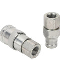 2 Pcs Heavy Duty Hydraulic Quick Coupler Set 3 8 In Npt Flat Face Fittings With Zip Caps For High Pressure Excavator Construction Keeping Tight Seals Made From Carbon Steel Zinc Coat Allowing For Easy Hook Up No Leak Guarantee On Heavy Jobs. two silver hydraulic quick couplers, 3/8 NPT, carbon steel