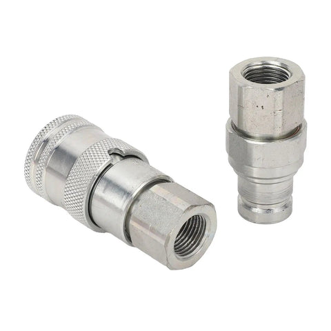 2 Pcs Heavy Duty Hydraulic Quick Coupler Set 3 8 In Npt Flat Face Fittings With Zip Caps For High Pressure Excavator Construction Keeping Tight Seals Made From Carbon Steel Zinc Coat Allowing For Easy Hook Up No Leak Guarantee On Heavy Jobs. two silver hydraulic quick couplers, 3/8 NPT, carbon steel