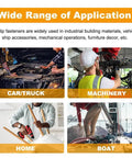 Wide range of applications for E-clip fasteners in vehicles, machinery, home, and boats displayed in four images.