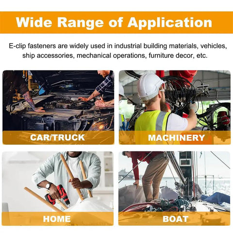 Wide range of applications for E-clip fasteners in vehicles, machinery, home, and boats displayed in four images.