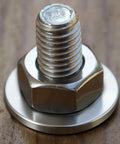Close-up of installed M6 Stainless Steel Flat Washer on bolt, part of a 50-piece set, durable 304 stainless steel, rust resistant.