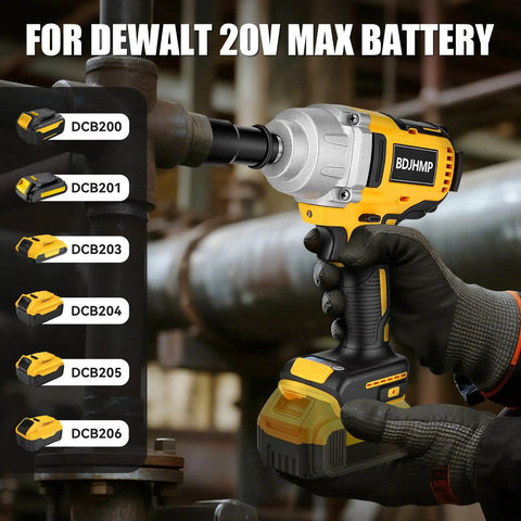 Pro Grade 1/2 Inch Cordless Impact Wrench Fits 20V Max Batteries with DCB battery compatibility in a workshop setting.