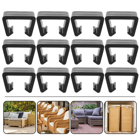 Pack of 12 black outdoor furniture clips for patio sectionals, wicker sofa connectors, and easy install rattan couch fasteners.