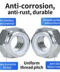 Nylock Nuts Set With Nylon Insert For Size 10 24 SAE Inch Threads 304 Stainless Steel 60 Pieces Beefy Heavy Duty Corrosion Resistant Nylon Lock Nuts For Machinery Auto Home Projects And DIY Fixes showing anti-corrosion features.