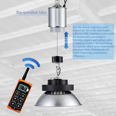 Workshop Staple Electric Chain Hoist With Wireless Remote Control, showing motorized lift and remote for adjusting height.