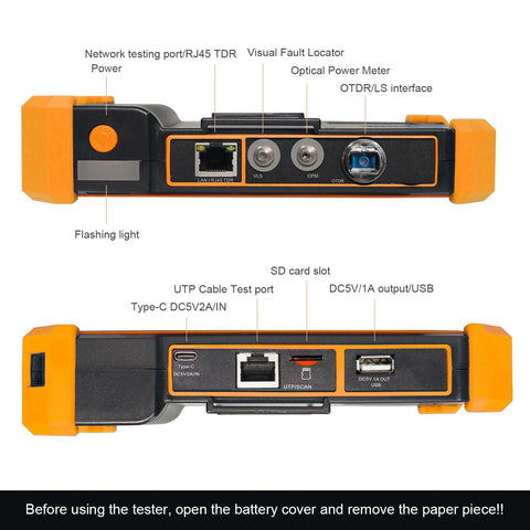 Front and back views of OTDR fiber tester handheld orange/black with RJ45 LAN, USB-C, and SD card slot