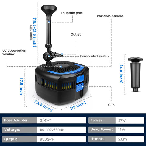 Diagram of All In One Pond Filter Pump 950 GPH With UV C 13W 110V Inverter Fountain Kit with detailed measurements.