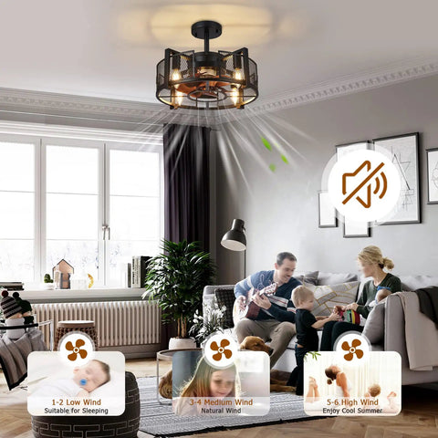 Industrial Style Ceiling Fan With Light For Living Room And Bedroom Black Enclosed Cage Ceiling Fan With Remote displayed in room.
