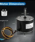 Top Notch Replacement Condenser Fan Motor 1/5 HP 1100 RPM 208-230V Copper Core Winding with connector and dimensions shown.