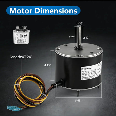 Top Notch Replacement Condenser Fan Motor 1/5 HP 1100 RPM 208-230V Copper Core Winding with connector and dimensions shown.