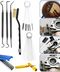 Nine Piece Carburetor Cleaning Tool Kit with stainless needles, nylon brushes, hooks for motorcycle, ATV, chainsaw, welder.