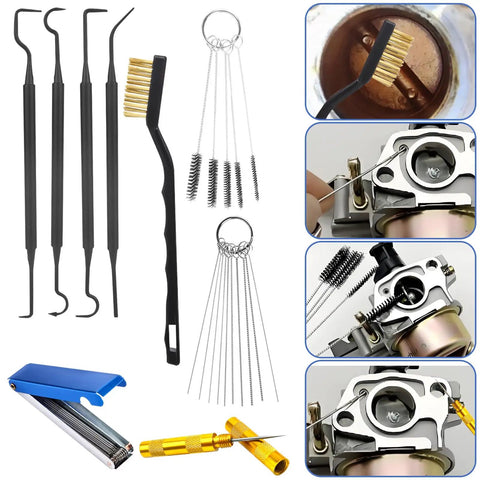 Nine Piece Carburetor Cleaning Tool Kit with stainless needles, nylon brushes, hooks for motorcycle, ATV, chainsaw, welder.