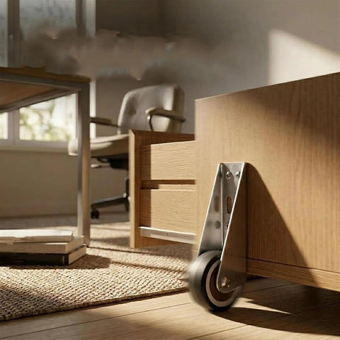 Heavy Duty Vertical Track Roller Wheels For Sliding Barn Doors And Wood Gates Featuring Silent Rubber Casters mounted on wooden furniture.