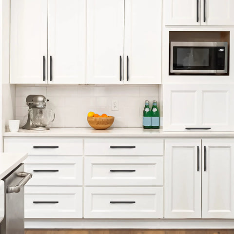 Modern kitchen with white cabinets featuring 5 Pack 10 Inch Matte Black Square Cabinet Pulls Stainless Steel Kitchen Cupboard Dresser Handles.