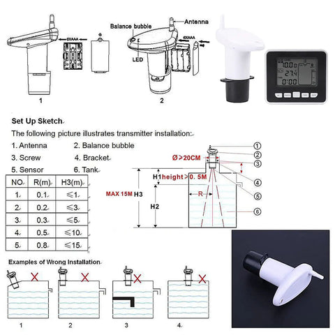 Ultrasonic Water Level Sensor With Digital Temperature Display Indoor Depth Monitor For Home Aquariums setup diagram and components.