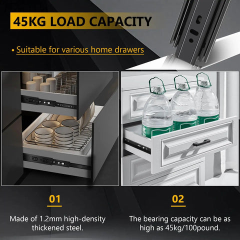 Built Tough 14 Inch Ball Bearing Drawer Slides Six Pairs Heavy Duty Side Mount Tracks Black Finish smooth glide steel, showcasing load capacity.