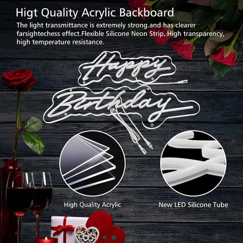 Happy Birthday Neon Light Sign White LED 25.6x16 Inches with Dimmable Switch and high-quality acrylic backboard