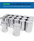 20 Pack Lug Nut Covers For Semi Trucks And Trailers 33mm And Three And A Half Inch Thread On Flat Top Cylinder Caps ABS Chrome Plastic Anti Rust Screw On High Gloss Finish Durable Chrome Lug Nut Caps For Heavy Duty Wheels