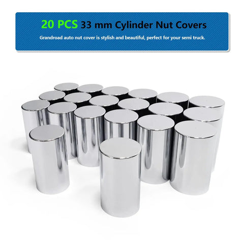 20 Pack Lug Nut Covers For Semi Trucks And Trailers 33mm And Three And A Half Inch Thread On Flat Top Cylinder Caps ABS Chrome Plastic Anti Rust Screw On High Gloss Finish Durable Chrome Lug Nut Caps For Heavy Duty Wheels
