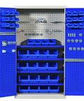Extra Tall Metal Tool Cabinet With Lockable Two Doors, Heavy Duty Steel Storage For Garage Or Workshop, Large Capacity Organizer For Basement Or Warehouse, Durable And Secure Tool And Supply Storage with blue bin inserts