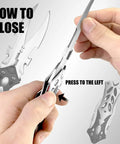 Closing mechanism for Dual Blade Pocket Knife For Everyday Carry And Camping, showing hand pressing liner lock with dual side open blades.