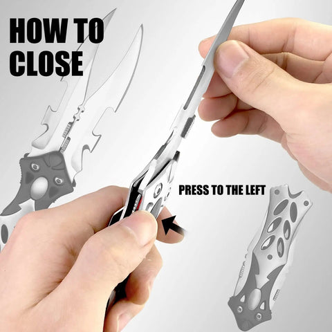 Closing mechanism for Dual Blade Pocket Knife For Everyday Carry And Camping, showing hand pressing liner lock with dual side open blades.