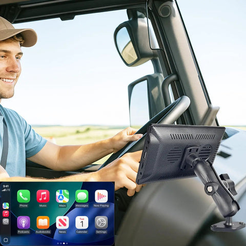 CarPlay Screen And Backup Monitor Mount With Aluminum Adjustable Arm, 360 Degree Rotation, AMPS Base in vehicle dashboard