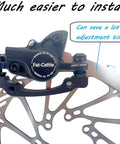 Close-up of MBT Hydraulic Disc Brake Set with 160mm rotor, featuring black caliper and rotor design, text 'Much easier to install'