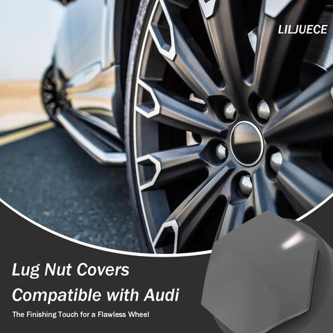 Heavy Duty Lug Nut Covers Complete 24 Pack With Removal Tool Gray Protect Wheel Bolts From Sun Salt And Rust Easy Clip On Fit For Audi A1 A3 A4 A5 A6 A7 A8 Q2 Q3 Q5 Q7 S5 TT on Audi wheel close-up