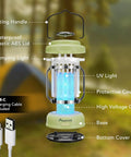 2 In 1 Bug Zapper And LED Lantern With IPX4 Weatherproofing Mosquito Killer Type C Charging Cordless Light in green with USB-C cable
