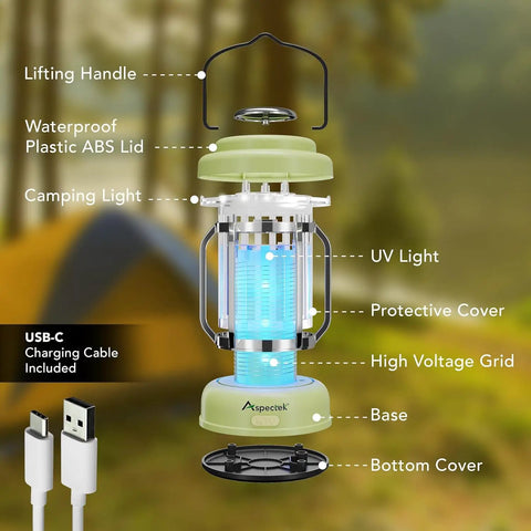 2 In 1 Bug Zapper And LED Lantern With IPX4 Weatherproofing Mosquito Killer Type C Charging Cordless Light in green with USB-C cable