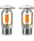 Top Shelf 2 Pack Fire Sprinkler Heads One Half Inch Copper Body Upright Style 135F Temp Rating with chrome finish and glass bulb.