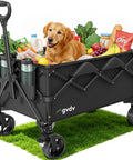 Foldable Utility Wagon With 42 Inch Telescoping Handle And All Terrain Wheels For Groceries Camping Beach Garden And Sports Gear Heavy Duty Collapsible Shopping Cart with groceries and dog