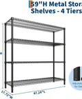 4 Tier Hella Heavy Duty Adjustable Steel Wire Storage Shelving Rack with Thickened Black Matte Finish, 59.06"H, 47.24"L, 17.72"W.